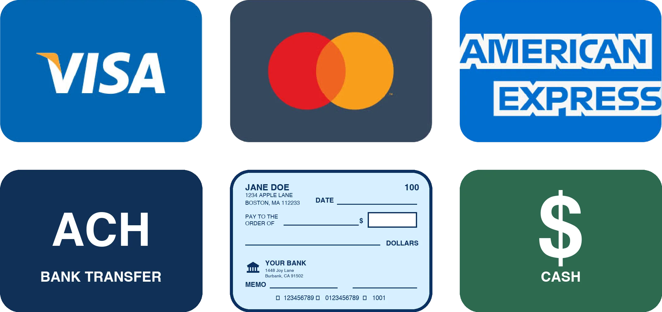 Accepted payment methods – cash, check, and major credit cards