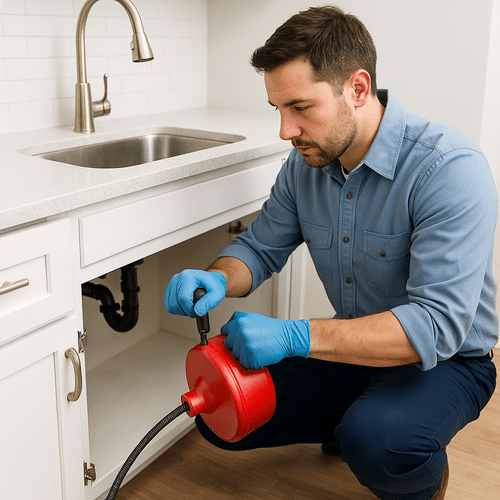 Plumber using a drain snake to clear a clogged kitchen drain in San Francisco