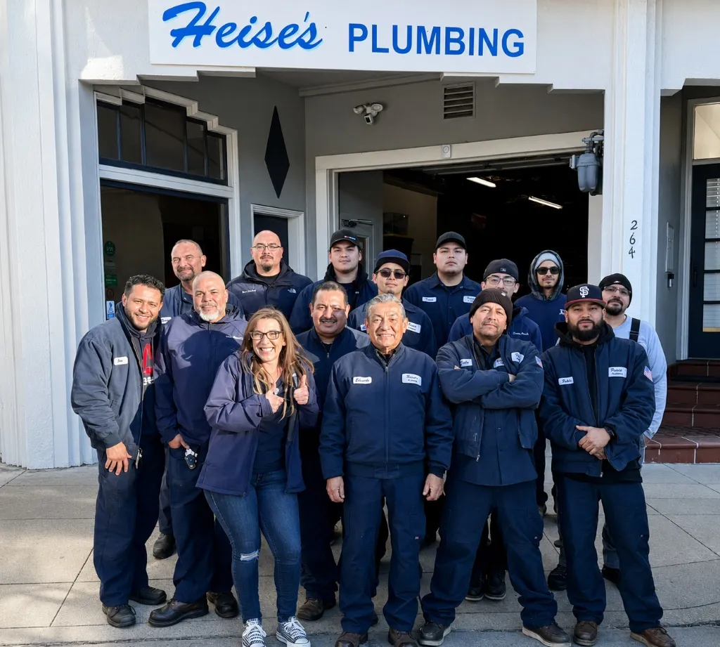 Heise's Plumbing team members standing together outside the storefront office