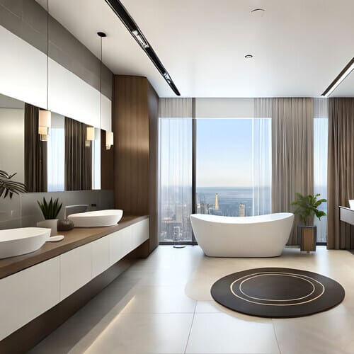 Modern luxury bathroom remodel with freestanding tub and double vanity in San Francisco