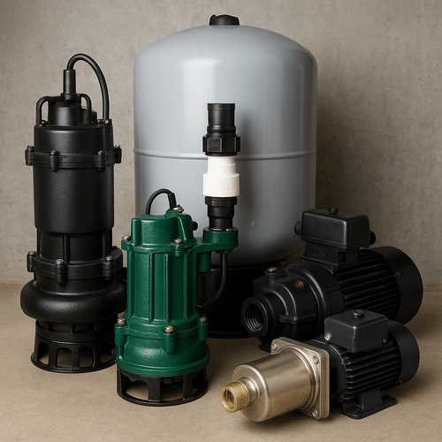 Various residential plumbing pump types including submersible, grinder, and booster pumps
