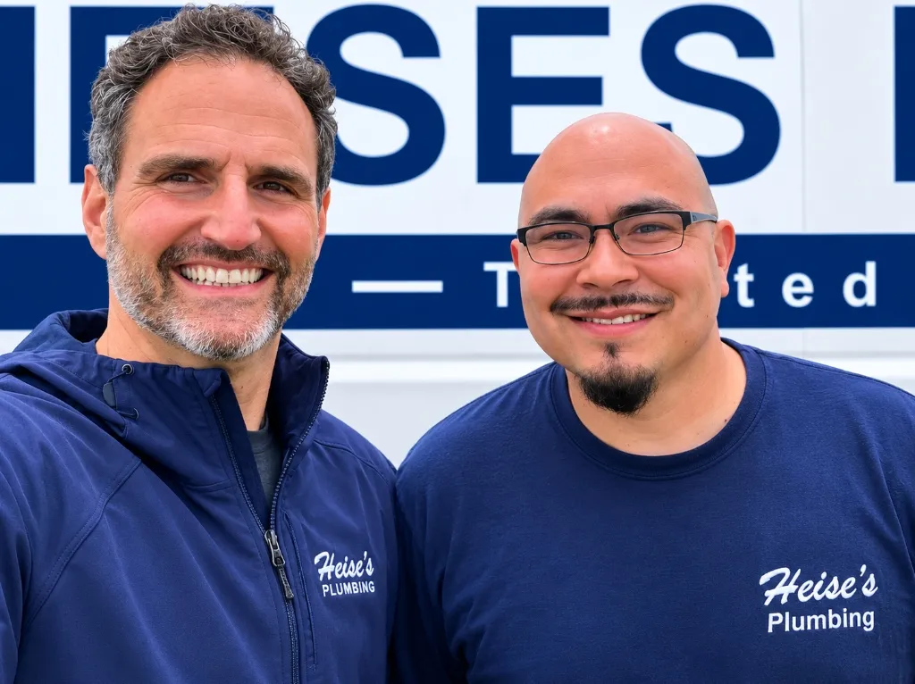 Co-owners Michael Giometti and Sergio Cabrales standing in front of Heise's Plumbing logo