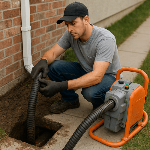 Plumber using trenchless sewer cleaning equipment outside a San Francisco home
